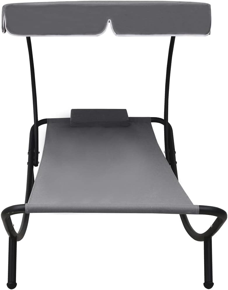 Sunbath, Outdoor Lounger with Awning and Cushion, Grey, Recliner Chair, Beach Lounger, Relax Chair for Garden, Patio, Balcony, Camping - QUORE