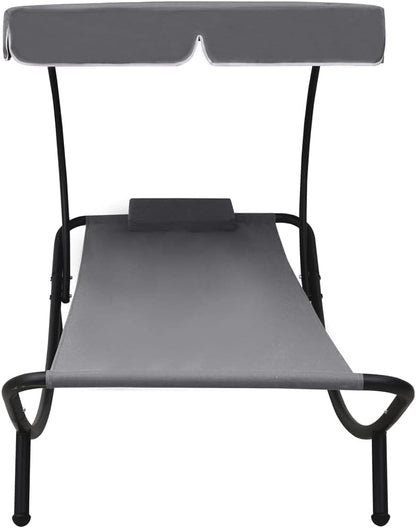 Sunbath, Outdoor Lounger with Awning and Cushion, Grey, Recliner Chair, Beach Lounger, Relax Chair for Garden, Patio, Balcony, Camping - QUORE