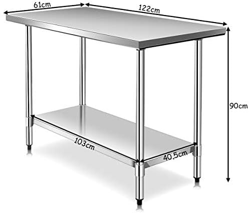 FANTASK Roestvrijstalen keukentafel, werktafel, roestvrijstalen tafel met in hoogte verstelbare plank, bereidingstafel, gastronetafel