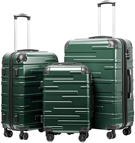 COOLIFE 3-delige kofferset Bagagesets Carry On Hand Cabine Bagage Medium Koffer Grote Inchecken Uitbreidbare Koffer met harde schaal reiskofferset met TSA-slot ABS kofferset(Donkergroen, 56+67+77cm)