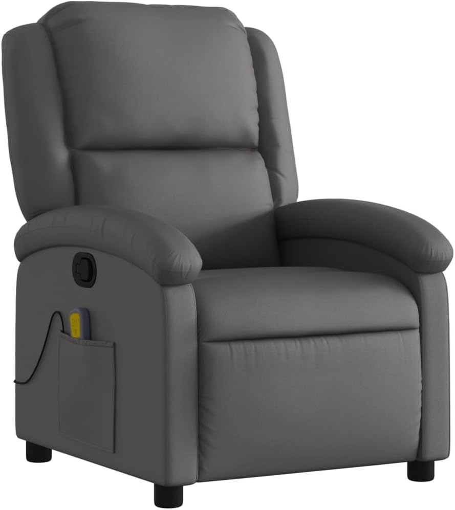 Massagestoel – Relaxstoel – TV-Stoel – Ligstoel – Enkele Stoel – Echt Leer – Handmatig Kantelsysteem – 6-Punts Vibratiemassage – Stijlvol Grijs