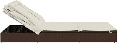 Foldable Double Sun Lounger Made of Poly Rattan with Adjustable Roof and Cushion, Weatherproof Material for Outdoors, Sturdy Steel Frame, Ideal - QUORE