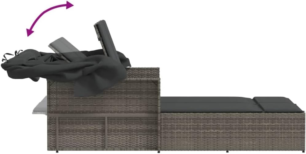 Gecheer Dubbel ligbed met luifel en grijze kussens van polyrotan, professionele zonneligstoel, zonneligstoel voor buiten, tuinligstoel, ligstoel, P365809 - QUORE