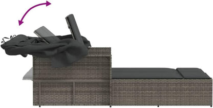 Gecheer Dubbel ligbed met luifel en grijze kussens van polyrotan, professionele zonneligstoel, zonneligstoel voor buiten, tuinligstoel, ligstoel, P365809 - QUORE