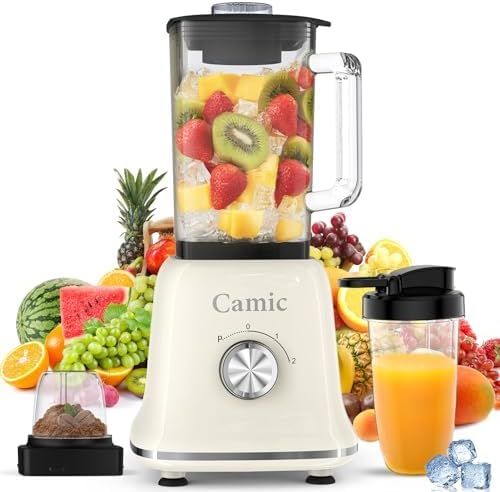 Camic Blender, 1200 W, krachtige mixer 3-in-1 met glazen reservoir van 1,6 liter, mixer en 400 ml reisbeker en 200 ml maalbeker, afneembaar lemmet, puls/2 snelheden blender voor smoothies, shakes