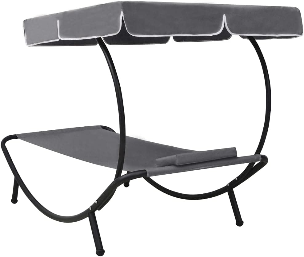 Sunbath, Outdoor Lounger with Awning and Cushion, Grey, Recliner Chair, Beach Lounger, Relax Chair for Garden, Patio, Balcony, Camping - QUORE
