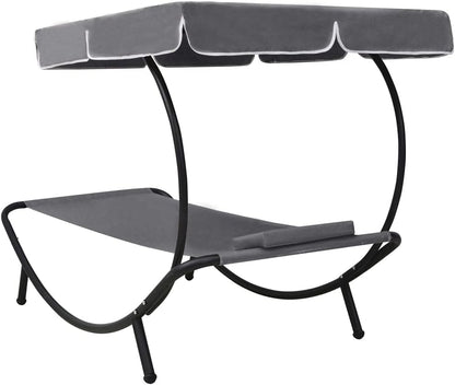 Sunbath, Outdoor Lounger with Awning and Cushion, Grey, Recliner Chair, Beach Lounger, Relax Chair for Garden, Patio, Balcony, Camping - QUORE
