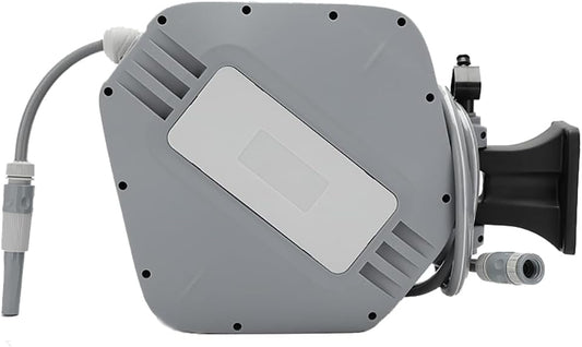 HYCHIKA Slanghaspel 30 m, wandmontage, intrekbare slanghaspel voor tuin, automatisch vergrendelen en automatisch terugspoelen, 8 functies spuitpistool, 180 ° draaibare slangbox, buiten veilig water