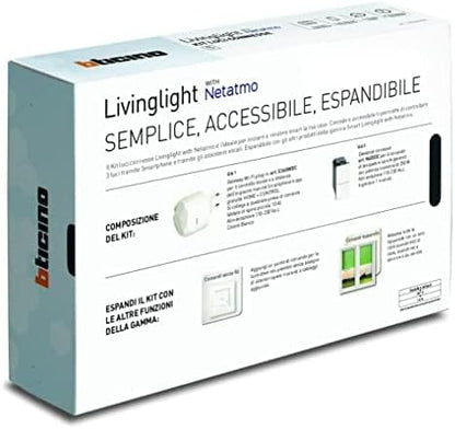 BTicino Livinglight SN3601KIT Smart lichtset, voor in- en uitschakelen van de lichten via app of met Alexa, Google en Siri, met 1 gateway plug-in wit S36GWDC en 3 aangesloten witte schakelaars N4003C