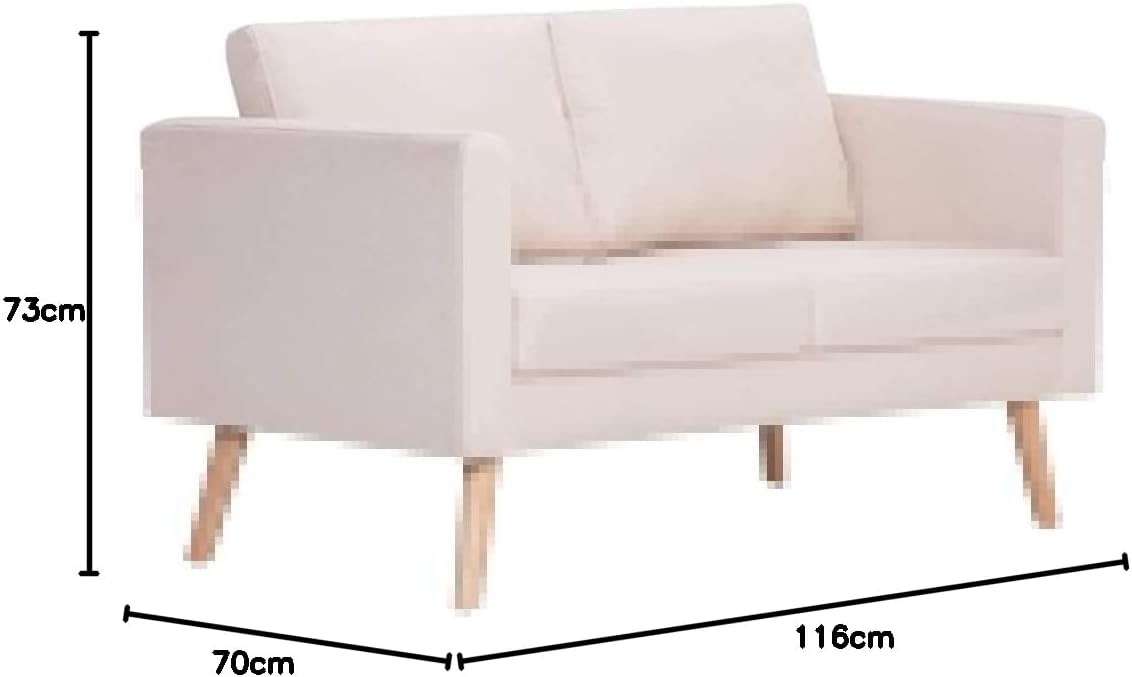 2 Seater Sofa with Seat Cushion, Upholstered Sofa for Living Room, Office, Bed, Lounge, Sofa Bed, Wooden Frame and Fabric, 116 x 70 x 73 cm, Cream White - QUORE