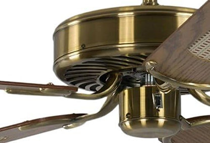 Potkuri Plafondventilator zonder verlichting, behuizing messing antiek, omkeerbare vleugels eiken of eiken met rotaninzet, 132 cm, voor ruimtes tot 25 m²
