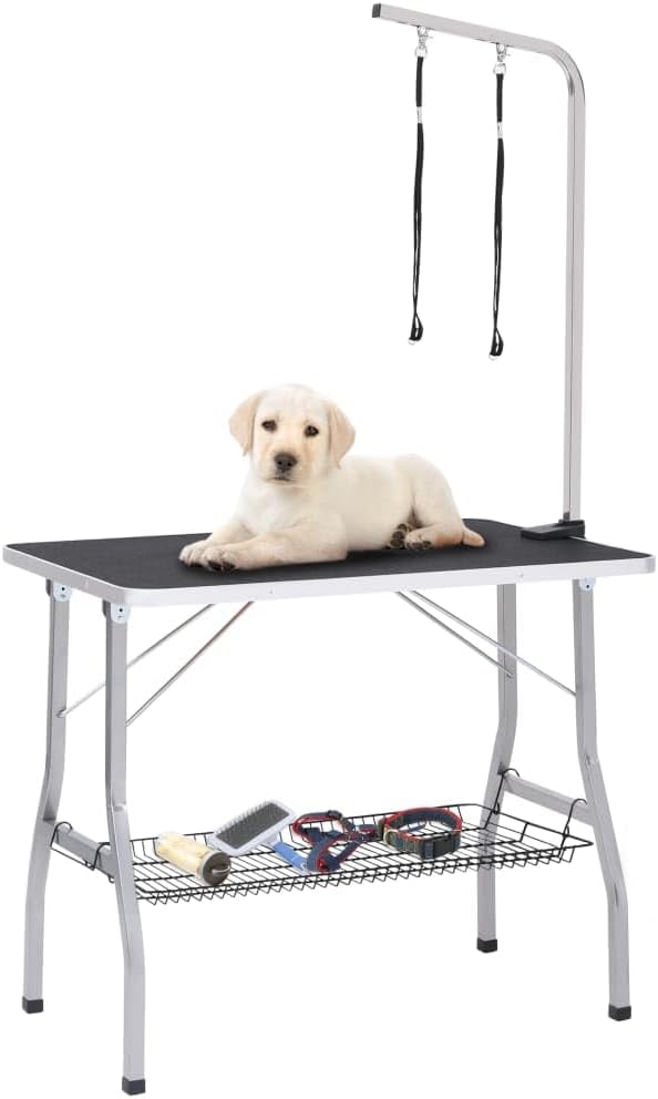 vidaXL Dog grooming table adjustable with 2 loops and storage shelf