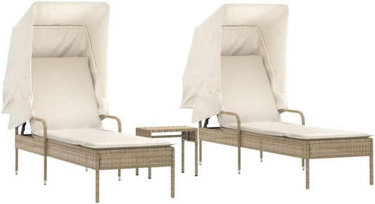 Ligbedden Set 2 – Tuinstoelen – Ligstoelen – Tuinmeubelen – Deckchairs – Poly Rattan Weerbestendig – Verstelbare Rugleuning – Inclusief Zonnescherm – Crèmekleurige Kussens – Beige & Crème