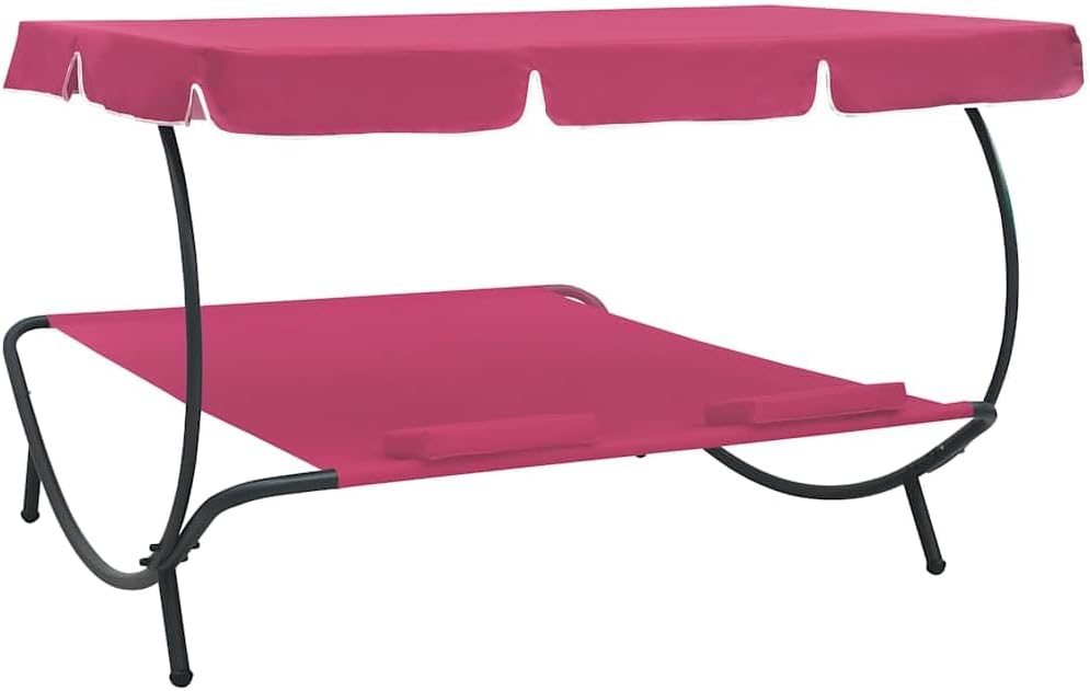 Sunbath, Outdoor Lounger with Awning and Cushions, Pink, Sun Lounger, Beach Lounger, Relax Chair for Garden, Patio, Balcony, Camping - QUORE