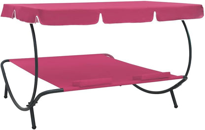 Sunbath, Outdoor Lounger with Awning and Cushions, Pink, Sun Lounger, Beach Lounger, Relax Chair for Garden, Patio, Balcony, Camping - QUORE