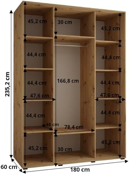 MEBLE KRYSPOL Lanko 2 Wardrobe with Three Sliding Doors with Mirror, Rod, Shelves - Modern Storage Cabinet for Bedroom, Living Room - 235x180x60cm - Craft Black - QUORE
