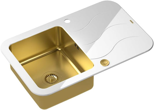 QUADRON spoelbak glazen spoelbak keuken | afmeting 78 x 50 x 19 cm, kleur: PVC Golden | GLEN 211 gehard glas gootsteen | inbouwspoelbak met kraangat enkele gootsteen keukenspoelbak roestvrij staal