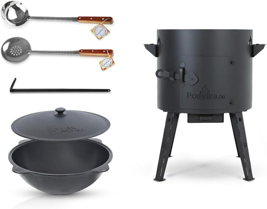 KazanoFF Kazan Fire Stove with Cast Iron Pan, Round Base with Lid (12 litres), Diameter 40 cm, Outdoor Fire Bowl, Camping, Goulash Cannon Dutch Oven (Set 3-12) - QUORE