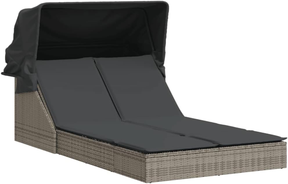 Double Sun Lounger with Retractable Canopy and Grey Polyrattan Outdoor Cushions Adjustable Backrest, Weatherproof and UV Resistant Material - QUORE