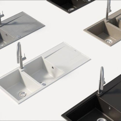 QUADRON Dubbele spoelbak wit, EVAN 121 GraniteQ, keukenspoelbak, 2 granieten bakken 1160 x 500 x 210 mm, open spoelbak Push 2 met sifon met afdruiprek, PVD-koperen elementen