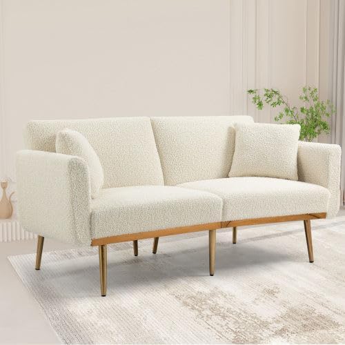 Velvet 3 Seater Design Sofa, Folding 3-Adjustable Sofa Bed, Metal Leg Support Living Room, Bedroom, Small Space, Comfortable for Sitting or Sleeping (White + Teddy) - QUORE