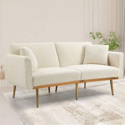 Velvet 3 Seater Design Sofa, Folding 3-Adjustable Sofa Bed, Metal Leg Support Living Room, Bedroom, Small Space, Comfortable for Sitting or Sleeping (White + Teddy) - QUORE