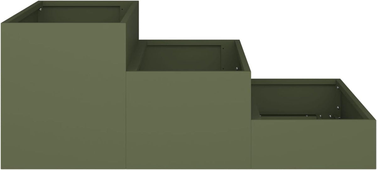 3-Tier Garden Planter, 90 x 90 x 35 cm, Olive Green, Robust Steel, for Plants with Open Bottom for Optimal Drainage and Modern Vertical Gardening - QUORE