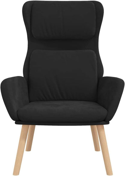 Zwarte Relaxstoel – Loungestoel – Fauteuil – Zitstoel – Comfortstoel – Zacht Fluweel – Metalen Frame & Houten Poten