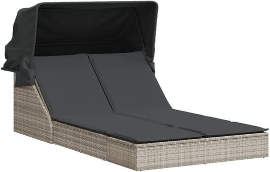 Outdoor Lounger with Retractable Hood and Washable Padded Cushions, Adjustable Backrest, 2 Positions, Durable PE Rattan, Garden Patio - QUORE