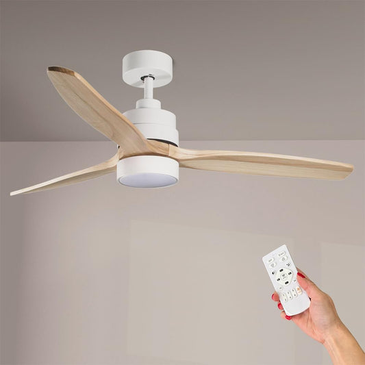 M mimotec Crazy Led-plafondventilator, 53 W, wit, afstandsbediening, motor DC 35 W + ledlicht 18 W, 6 snelheden, stil, 3 vleugels van natuurlijk hout, 132 cm, zomer-/winterfunctie, timer.