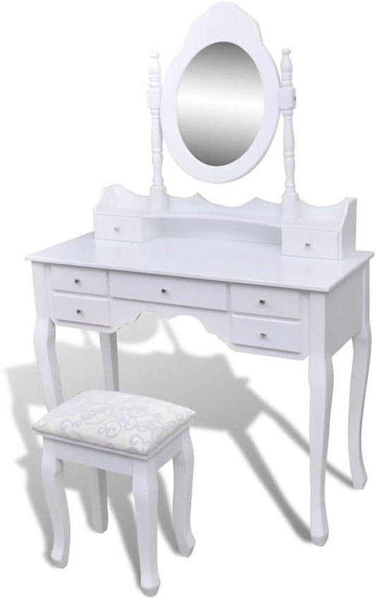 Kaptafel – Make-Up Tafel – Schminktisch – Toilettafel – Toilletafel – 7 Lades – Kantelbare Spiegel – Krukje Met Zachte Zitting – Wit Grenenhout