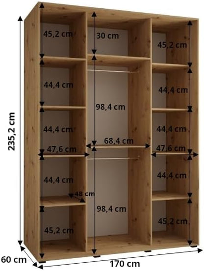 MEBLE KRYSPOL Dakota 11 Wardrobe with Three Sliding Doors - Modern Wardrobe with Mirror, Clothes Rod and Shelves - 235x170x60cm - CashmereSilver - QUORE