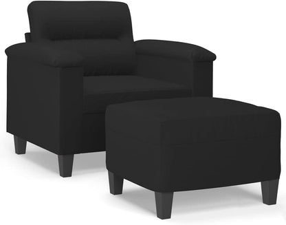 Fauteuil met Kruk – Loungestoel – Moderne Stoel – Armleuningstoel – Leesstoel – Zwart – Microvezelweefsel – Compact 60 cm – Comfortabel met Voetenbank