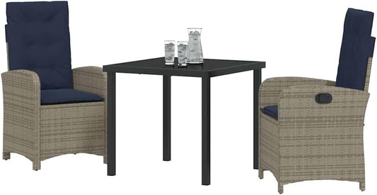 vidaXL Set of 2 Adjustable Garden Chairs - Grey Poly Rattan Armchairs with Cushions and Adjustable Backrest - Navy Blue - Comfortable Outdoor Chairs for Table - Perfect for Your Garden or Patio - QUORE