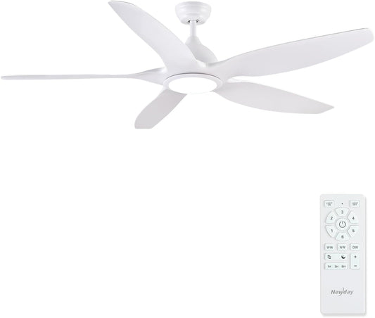 Newday Plafondventilator met verlichting en afstandsbediening, 153 cm, stille plafondventilator met lamp, grote plafondventilator, wintergebruik, wit, met 5 versnellingen, DC-motor, 3