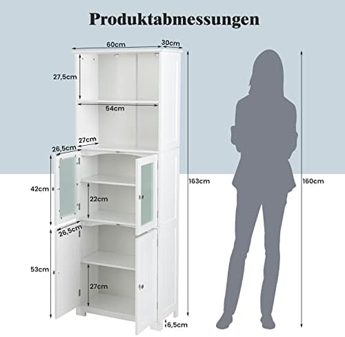 FANTASK Opbergkast met glazen deuren, 2 open vakken en verstelbare planken, hoge badkamerkast, badkamercommode