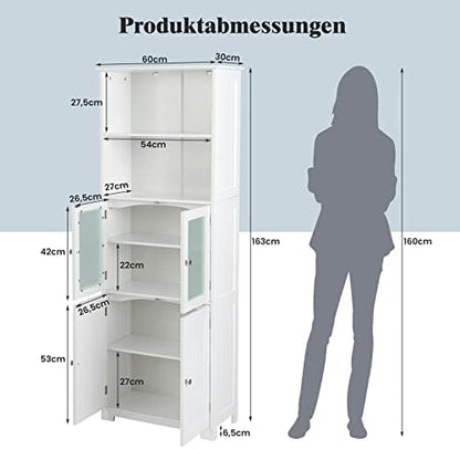 FANTASK Opbergkast met glazen deuren, 2 open vakken en verstelbare planken, hoge badkamerkast, badkamercommode