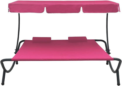 Sunbath, Outdoor Lounger with Awning and Cushions, Pink, Sun Lounger, Beach Lounger, Relax Chair for Garden, Patio, Balcony, Camping - QUORE