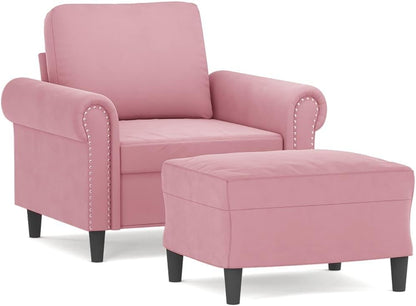 Fauteuil met kruk roze 60 cm fluwelen gestoffeerde stoel relaxstoel comfortabel ontspannen modern design duurzaam velours robuust frame veelzijdige voetenbank compact