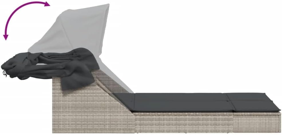 Outdoor Lounger with Retractable Hood and Washable Padded Cushions, Adjustable Backrest, 2 Positions, Durable PE Rattan, Garden Patio - QUORE