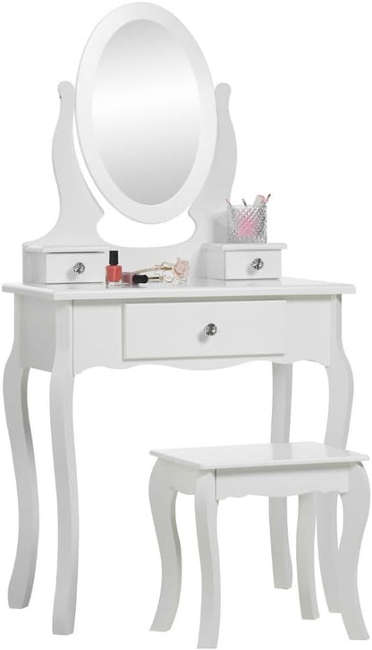 Runesol Meisjes Kaptafel met Spiegel en Krukje, Childrens White Wooden Kids Vanity Table met Kristallen Knoppen Childs Dressing Table Set voor een Kind, Kinderen in de leeftijd van (8-13)