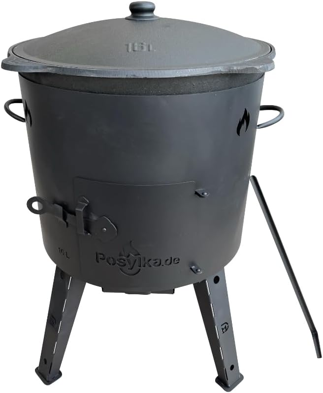 Utschak Kazan Fire Oven with Cast Iron Pan, Flat Bottom with Lid, 16 L, Diameter 44 cm, Kazan Set of 6 - QUORE