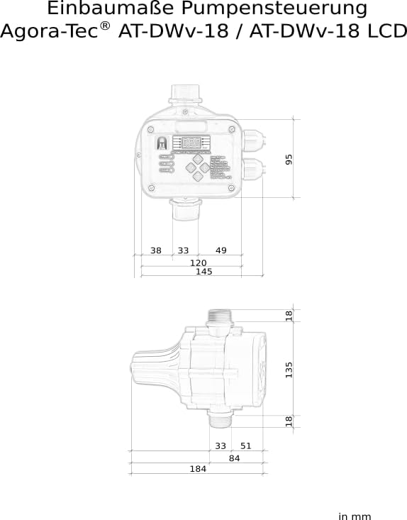 Agora-Tec® Pompbesturing, drukschakelaar, doorstroombewaker, bekabeld (in- en uitschakeldruk instelbaar) met droogloopbeveiliging, overdrukbewaking, lekweergave
