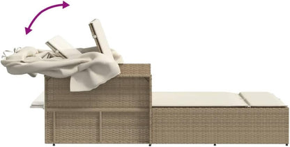 Outdoor Lounger with Retractable Roof and Padded Cushions, Adjustable Backrest in 2 Positions, Durable and Washable PE Rattan Material, for Garden or Patio - QUORE