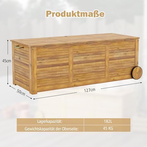 FANTASK Houten tuinbox, opbergbox met wieltjes, opbergdoos met waterdichte 2-in-1 afdekking en handvat, naturel