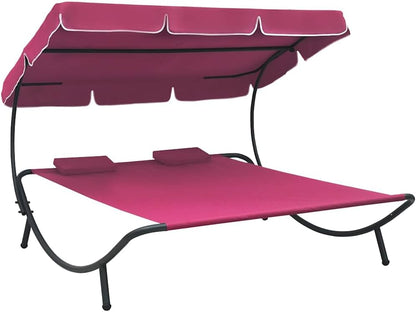 Sunbath, Outdoor Lounger with Awning and Cushions, Pink, Sun Lounger, Beach Lounger, Relax Chair for Garden, Patio, Balcony, Camping - QUORE