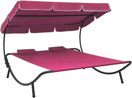 Sunbath, Outdoor Lounger with Awning and Cushions, Pink, Sun Lounger, Beach Lounger, Relax Chair for Garden, Patio, Balcony, Camping - QUORE