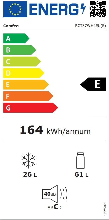 Comfee RCT87WH2(E) Koelkast voor het werkblad, kleine koelkast met licht, afneembare planken, verstelbare thermostaten, omkeerbare deuren, wit [energieklasse E]