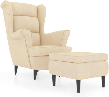 Fauteuil – Draaifauteuil – Relaxstoel – Oorfauteuil – Velvet Stof – Inclusief Voetenbankje – Luxe Creme
