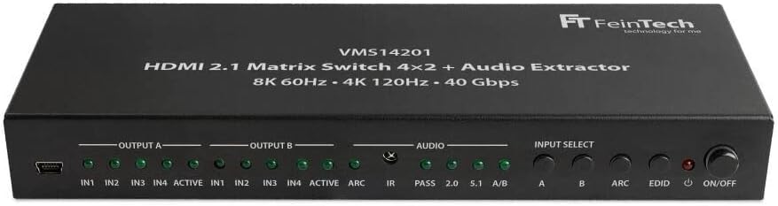 FeinTech VMS14201 HDMI 2.1 Matrix Switch 4 x 2 Schakelaar 4K 120Hz 8K Ultra HD 4 in 2 Out Audio Extractror ARC Toslink SPDIF Downscaler voor Xbox PS5 TV Monitor HDR VRR 40Gbps